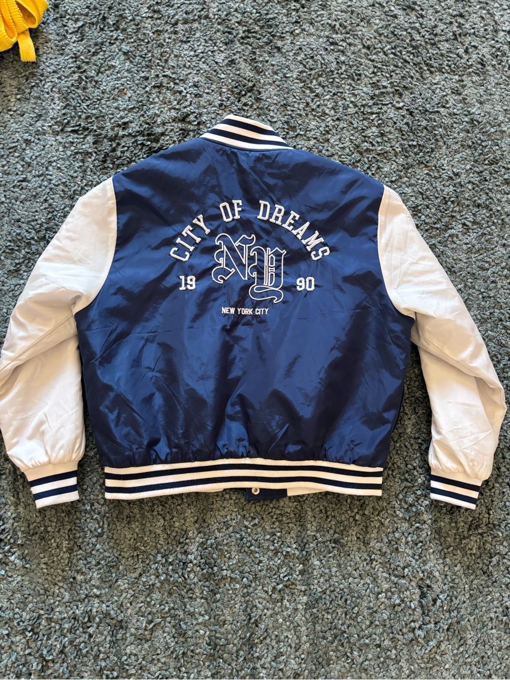 Carbon Blue and White Varsity Bomber Jacket - City of Dreams NY Back Graphic